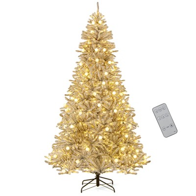 Costway 6/7/8 FT Snow-flocked Artificial Christmas Tree with 51/65/81 Sphere Lights 250/350/450 LED Lights