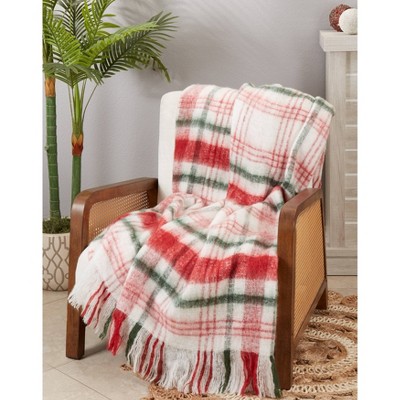 50"x60" Red and Green Faux Mohair Plaid Throw Blanket