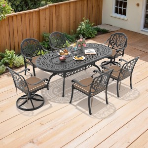 7-Piece Cast Aluminum Patio Dining Set with Oval Table, 2 swivel chairs and 4 fixed dining chairs, Brown Cushions and Umbrella Hole - 1 of 4