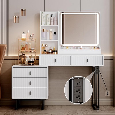 RUMSEM Large Vanity Desk with 3 Color Touch Screen Dimming Mirror