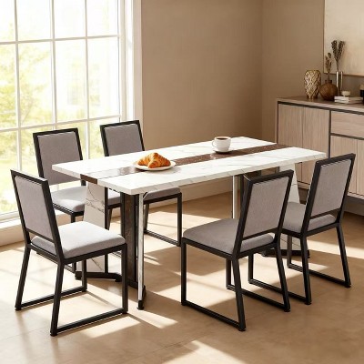 Homy Casa Rectangular Dining Table with Faux Marble Top and Mixed MDF-Metal Base for Dining Room or Kitchen, White Brown