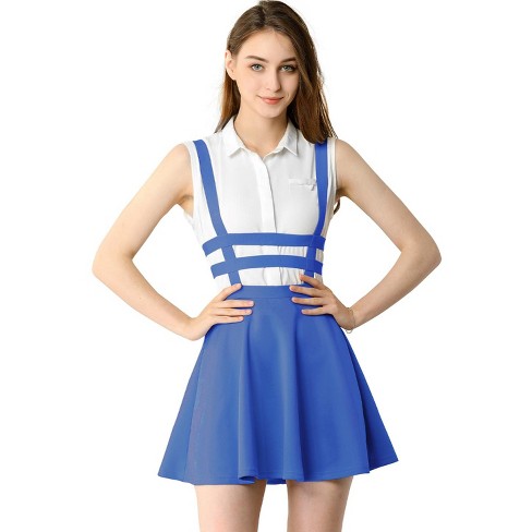 Unique Bargains Women's Solid Dress Strap Button Front Suspender Skirt