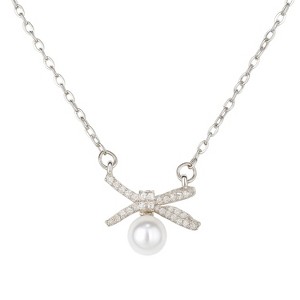 Silver Titanium Steel Bow & Pearl Modern Women's Necklace - 1 of 4