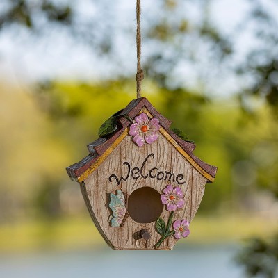 Rustic Hand-Painted Acorn Welcome Birdhouse with Flowers