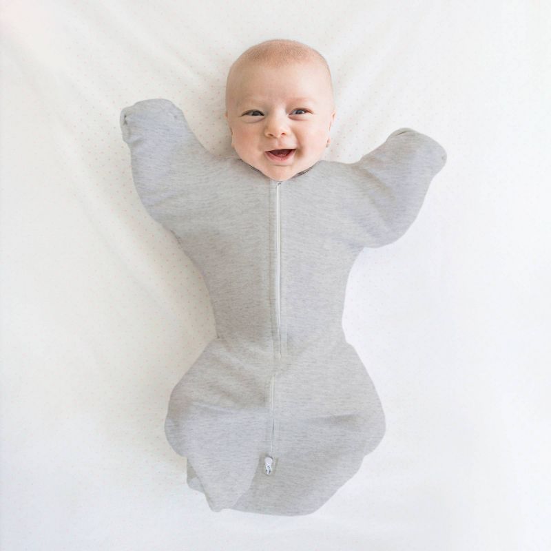 Transitional Swaddle Sack with Arms Up Half-Length Sleeves and Mitten Cuffs Wearable Blanket - Heathered Gray with Stripe, 4 of 13