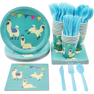 Juvale 144 Piece Serves 24 Disposable Llama Birthday Party Dinnerware Set - Plates, Napkins, Cups, Cutlery