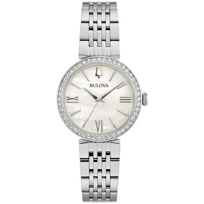 Bulova Ladies Classic Crystal Stainless Steel 3 hand Quartz Watch White Mother of pearl Dial 30mm Target