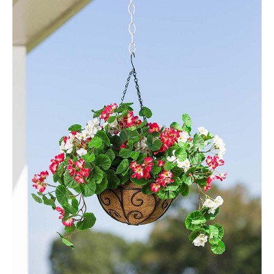 Plow & Hearth - Everlasting Faux Red and White Geranium Hanging Basket