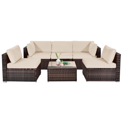 Tangkula 6PCS Wicker Patio Sectional Conversation Furniture Set with Coffee Table & Seat Cushions Navy/Black/Turquoise/Red