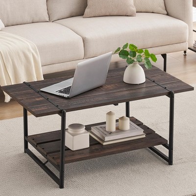 WhizMax 41'' Modern Industrial Large Wood Coffee Table with Storage Shelf, 2-Tier Rectangle Coffee Table Accent Furniture, Coffee Table