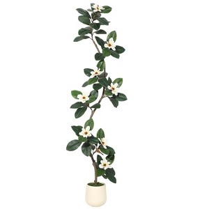 6/7ft Artificial Rubber Tree in White Planter Pot with 8 Magnolia Flowers - Fiddle Leaf Fig Style Floor Plant for Indoor Home or Office Decor - 1 of 4