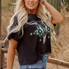 Amaryllis Women’s Graphic Bull Skull Tee Western  Print Rolled Sleeve Cotton Crewneck Relaxed Fit T-Shirt - 2 of 4