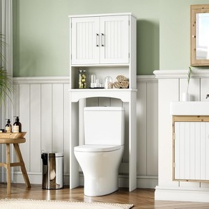 Over The Toilet Storage Cabinet, Double Door Bathroom Storage Organizer with Anti-Tipping Device, Small Freestanding Space Saver with Open Shelf - 1 of 4