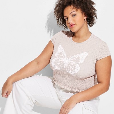 Women's Cap Sleeve High Neck Smocked Graphic T-Shirt - Wild Fable™