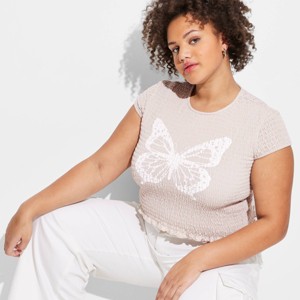 Women's Cap Sleeve High Neck Smocked Graphic T-Shirt - Wild Fable™ - 1 of 3