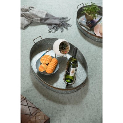 Large Gray Galvanized Metal Oval Rustic Serving Tray with Handles