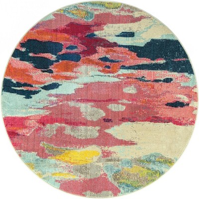 Vibrant Abstract Round Synthetic Rug in Pink & Blue, 6ft