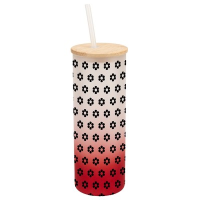 Elanze Designs Retro Happy Daisy Flower Pattern Wrap-Around Design 25 Ounce Frosted Gradient Glass On-The-Go Coffee Travel Skinny Tumbler Mug Cup,