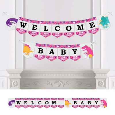 Big Dot of Happiness Roar Dinosaur Girl - Dino Mite T-Rex Baby Shower Bunting Banner - Party Decorations - Welcome Baby