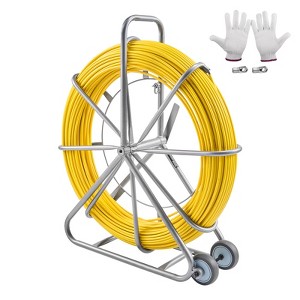 VEVOR Fish Tape Fiberglass, 656 ft, 5/16 in, Duct Rodder Fishtape Wire Puller, Cable Running Rod with Steel Reel Stand, 3 Pulling Heads, Yellow - 1 of 4