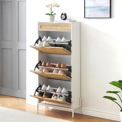 Jojoka Modern Shoe Cabinet with 3 Flip Drawers Rattan Design and Adjustable Shelves for Entryway