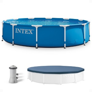 Intex 12 Foot x 30 Inch Round Metal Frame Above Ground Outdoor Swimming Pool Set with Filter Pump and Easy Set Round Vinyl Pool Cover, Blue - 1 of 4
