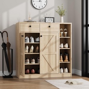 42'' Tall Shoe Storage Cabinet with Doors and Drawers, Modern 4-Tier Shoes Rack Organizer with 3 Adjustable Shelves for Entryway, Natural - 1 of 4