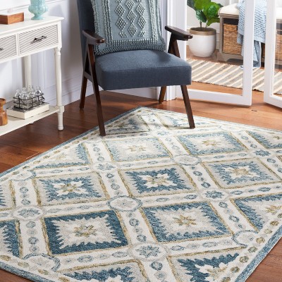 Ivory and Blue Hand Tufted Wool Rectangular Rug