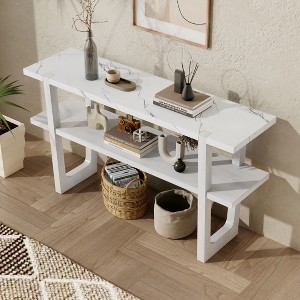 IHOMEADORE 54" Retro Narrow Console Table with Marble-Effect Top Entryway Table with Open Shelf TV Stands Consoles - 1 of 4