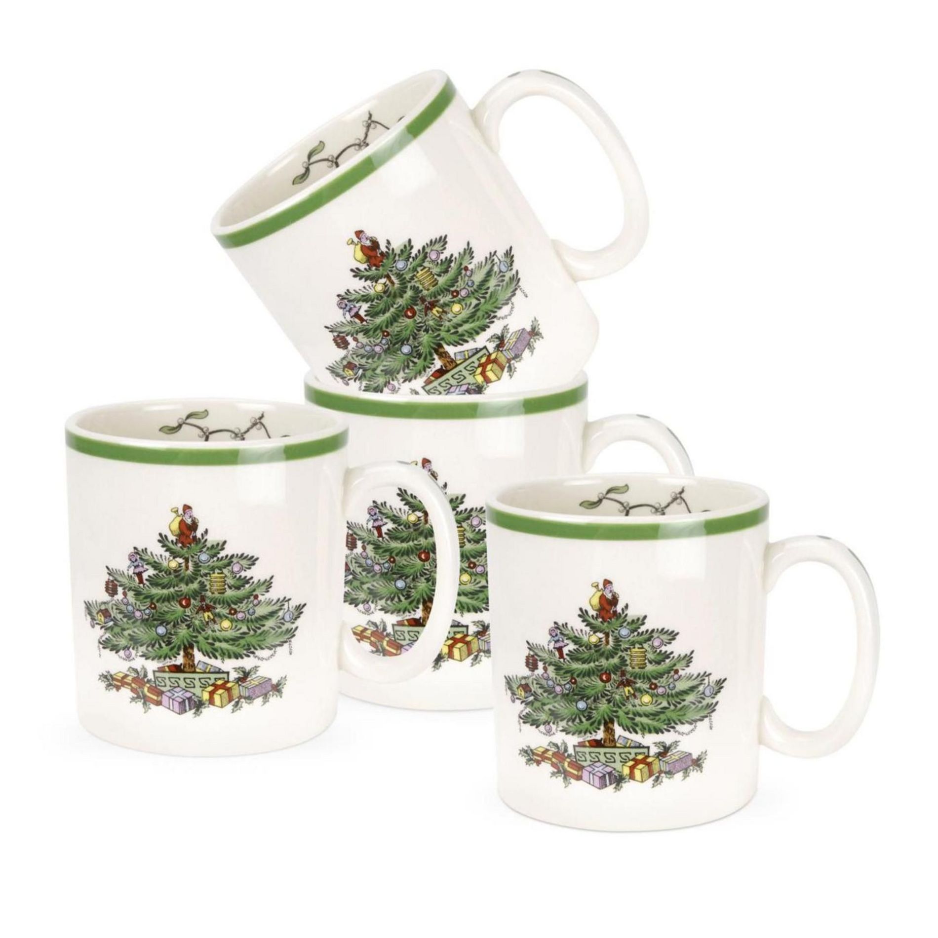 Spode Christmas Tree Mug Set of 4 - 9oz Ceramic - Microwave, Oven, Freezer & Dishwasher Safe - Festive Holiday Coffee Tea Cup