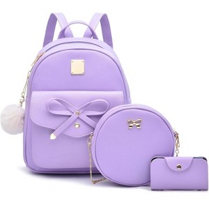 3-Pieces Girls Bowknot Fahsion Leather Backpack Backpack Purse for Women Rucksack - 1 of 4