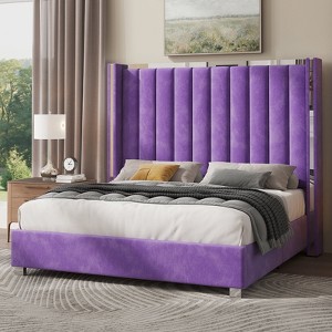 AMERLIFE Bed Frame with 58" tall Headboard, Velvet Upholstered Platform bed - 1 of 4