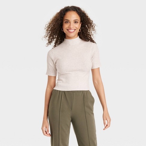Women's Mock Turtleneck Ribbed Sweater - A New Day™ Oatmeal S : Target