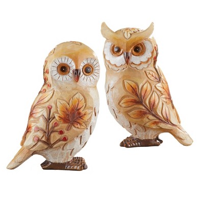 Collections Etc Hand-Painted Fall Leaves and Berries Owl Decorative Statues - Set of 2 4 X 3 X 5.75