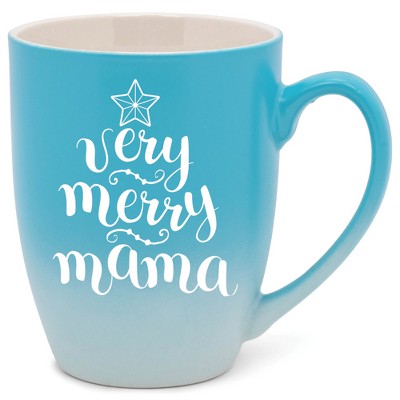 Elanze Designs Very Merry Mama Two Toned Ombre Matte Teal and White 12 ounce Ceramic Stoneware Coffee Cup Mug