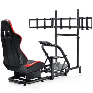 Dardoo Racing Simulator Cockpit with Triple Monitor Stand & Red Seat Fits Logitech, Thrustmaster & Fanatec No Wheel, Pedals or Handbrake - 1 of 4