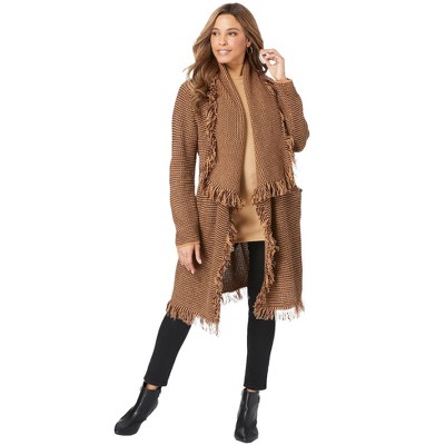 Jessica London Women's Plus Size Shawl-Collar Fringe Jacket