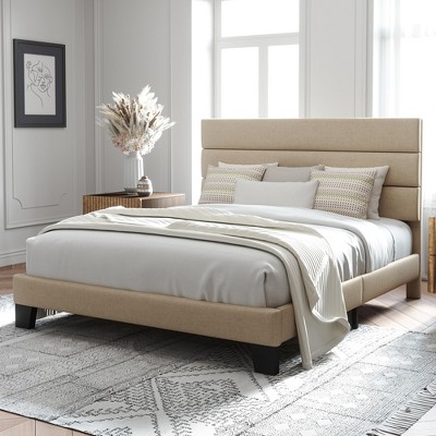 Beige Queen Upholstered Platform Bed Frame with Headboard