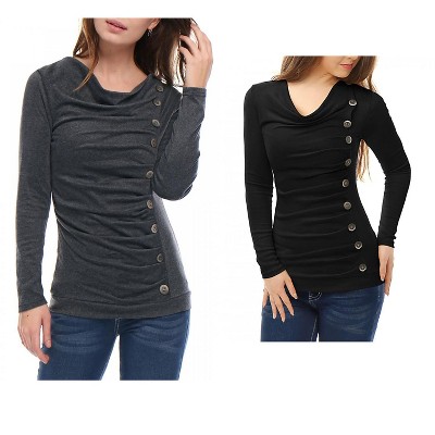 Allegra K Women's Cowl Neck Long Sleeves Buttons Decor Ruched Top 2 Pcs