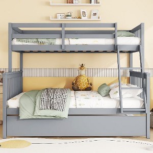 Kumasinova Twin-Over-Full Rubber Wood Bunk Bed Frame with Pull-Out Trundle – Detachable (2 Beds: Twin + Full), Reversible Ladder & Guardrails - 1 of 4