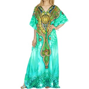 LA LEELA Women's Summer Loungewear Beach Maxi Plus Size Kaftan Casual Long Slit Dress Caftan Swimsuit Coverup for Women One Size Light Teal, Jewel - 1 of 4