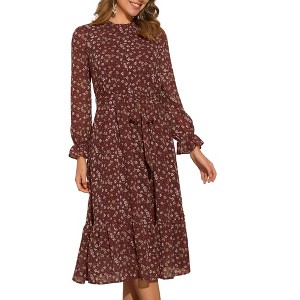 INSPIRE CHIC Women's Floral Mock Neck Long Sleeve Elastic Waist Flowy Midi Dress - 1 of 4