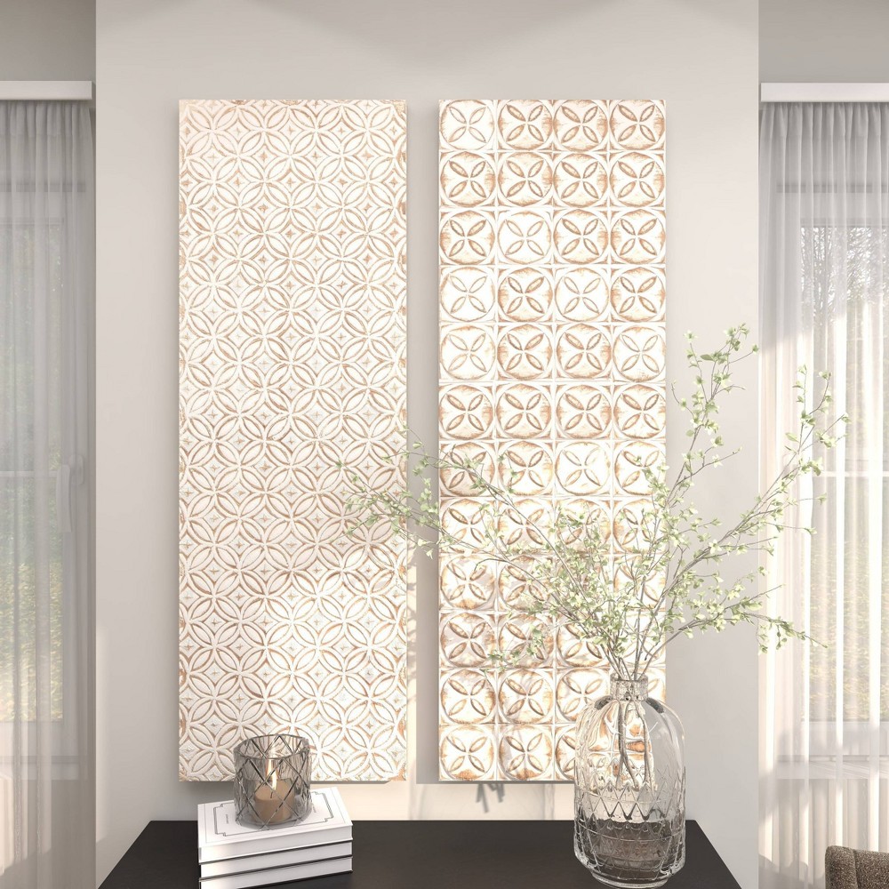 Photos - Wallpaper Set of 2 Wooden Geometric Intricately Carved Wall Decors White - Olivia &