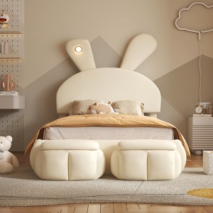 Whisen Twin Size Upholstered Platform Bed Featuring a Headboard with Cartoon Ear Design and Light,Storage Stools - 1 of 4