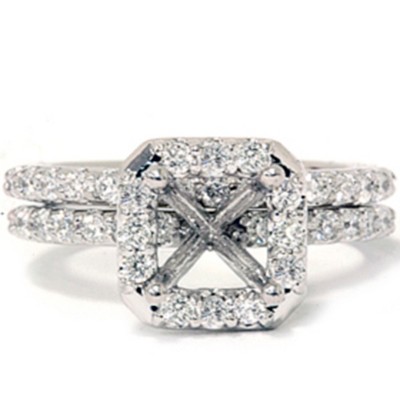 Pompeii3 3/4ct Pave Halo Diamond Ring Set 14K White Gold