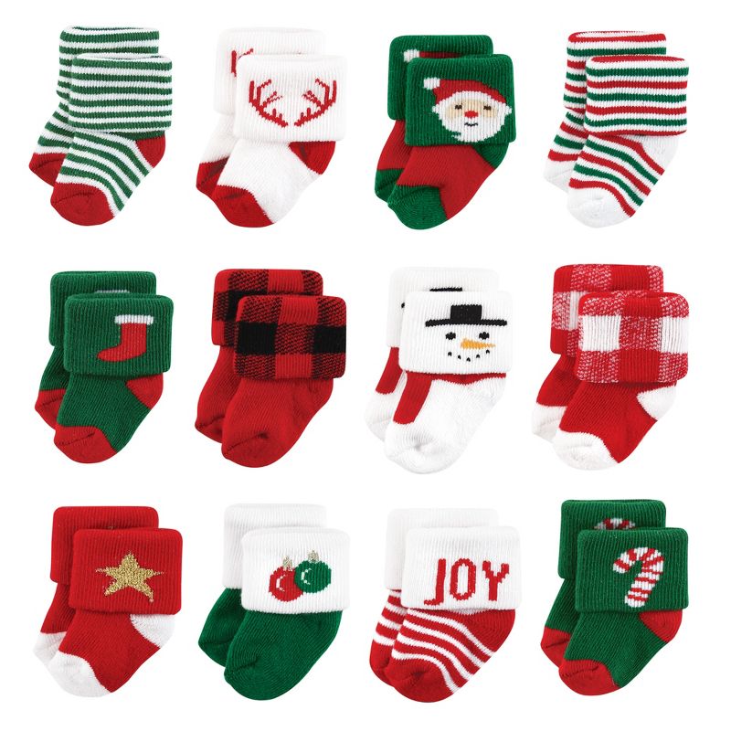Hudson Baby Infant Boys Cotton Rich Newborn and Terry Socks, 12 Days Of Christmas Santa, 1 of 9