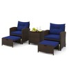 Costway 5 Piece Patio Rattan Furniture with 2 Ottomans & Tempered Glass Coffee Table Black/Off White/Navy/Red/Gray - 2 of 4