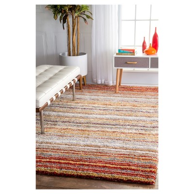 Handmade Red Stripe Shag Area Rug, 8' x 10', Easy Care Synthetic