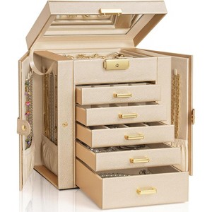 4-Tier Leather Jewelry Box with 3 Drawers Lockable Mirror and Organizer - 1 of 4