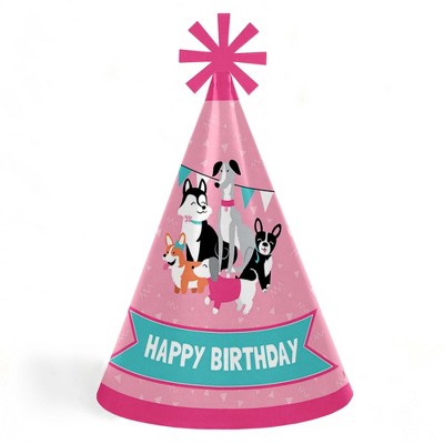 Big Dot of Happiness Pawty Like a Puppy Girl - Cone Happy Birthday Party Hats for Kids and Adults - Set of 8 (Standard Size)